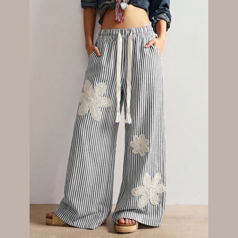 Black White Striped Crochet Flower Applique Wide Leg Pants